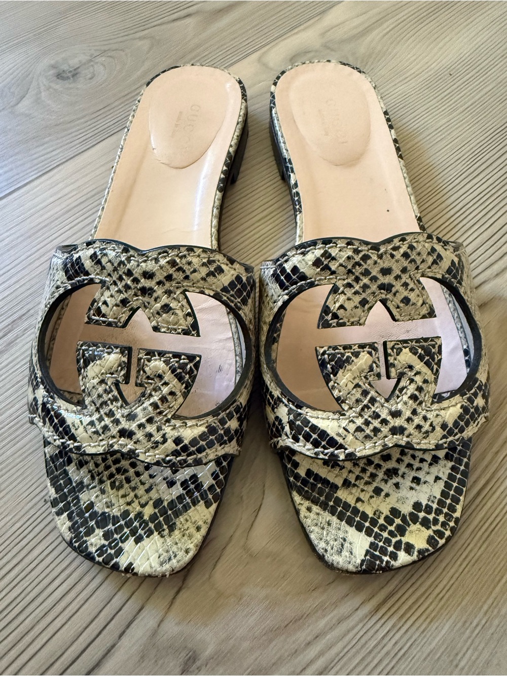 Authentic Gucci Beige and Black Snake-Print GG Slide Mules